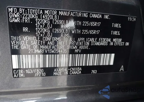 2025 Toyota Rav4 Hybrid Le z USA, uszkodzony, nr VIN 2T3MWRFV1SW254435